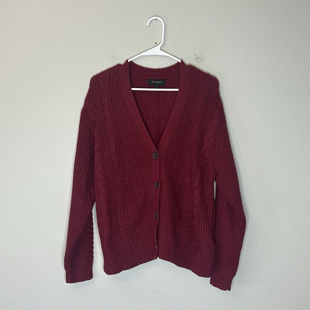 Banana Republic Cable Knit V-Neck Cardigan Sweater Women's L Burgundy Wool Blend